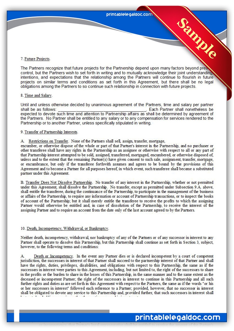 Free Printable Partnership Agreement Form GENERIC 