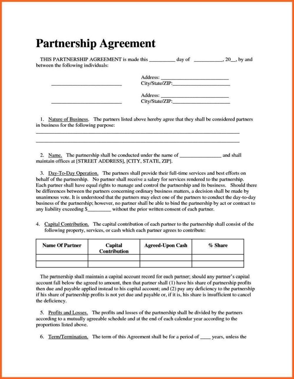 Free Printable Partnership Agreement Form Printable Forms Free Online