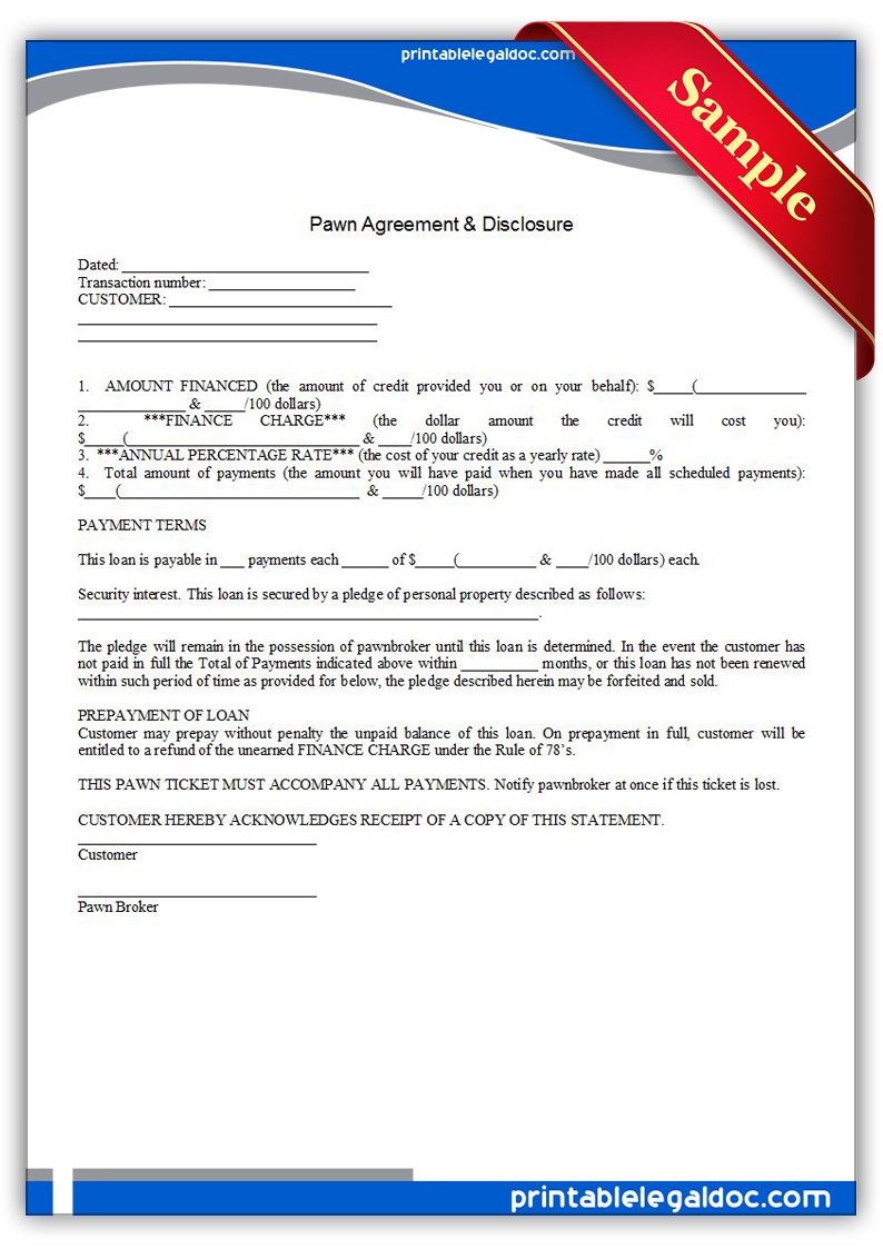 Free Printable Pawn Agreement Disclosure Form GENERIC 