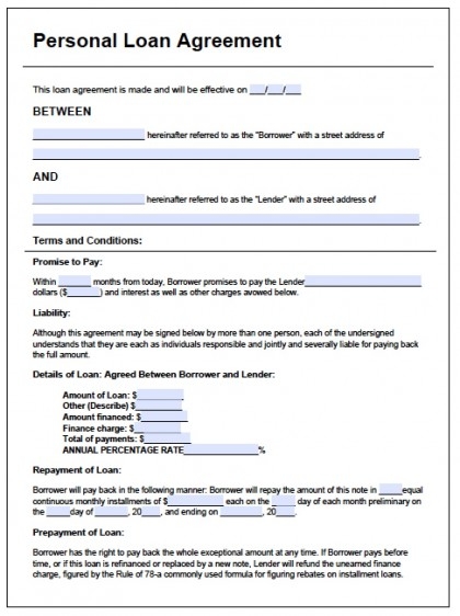 Free Printable Personal Loan Agreement Form GENERIC 