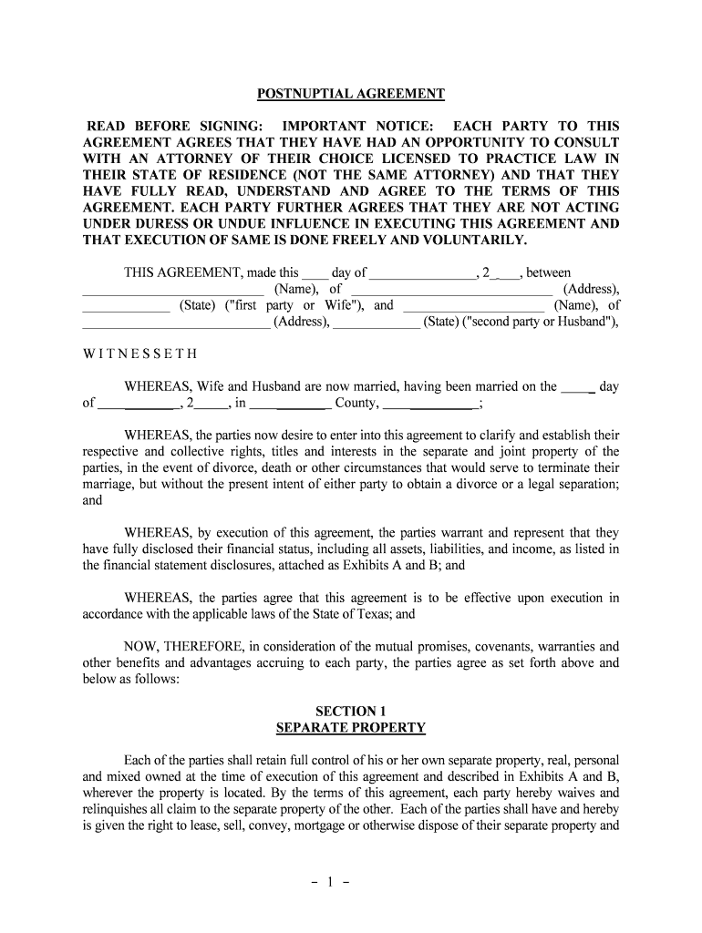Free Printable Postnuptial Agreement Form Printable Forms Free Online