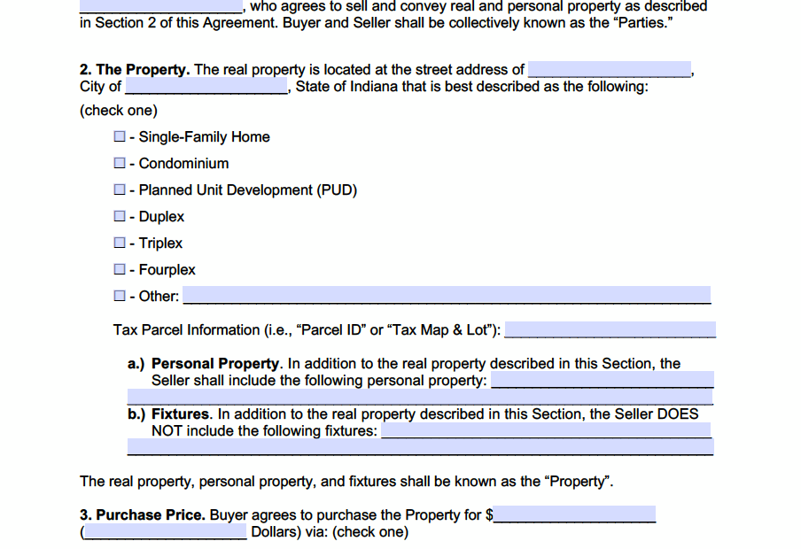 Free Printable Real Estate Purchase Agreement Pdf Form Indiana