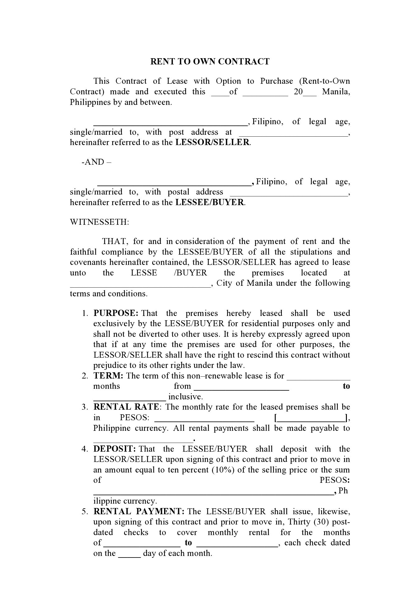 Free Printable Rent To Own Agreement