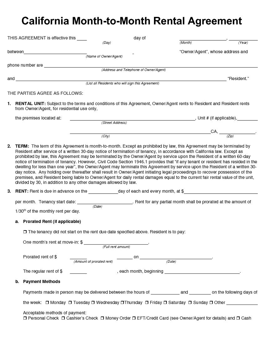 Free Printable Rental Agreement Form California Printable Forms Free 
