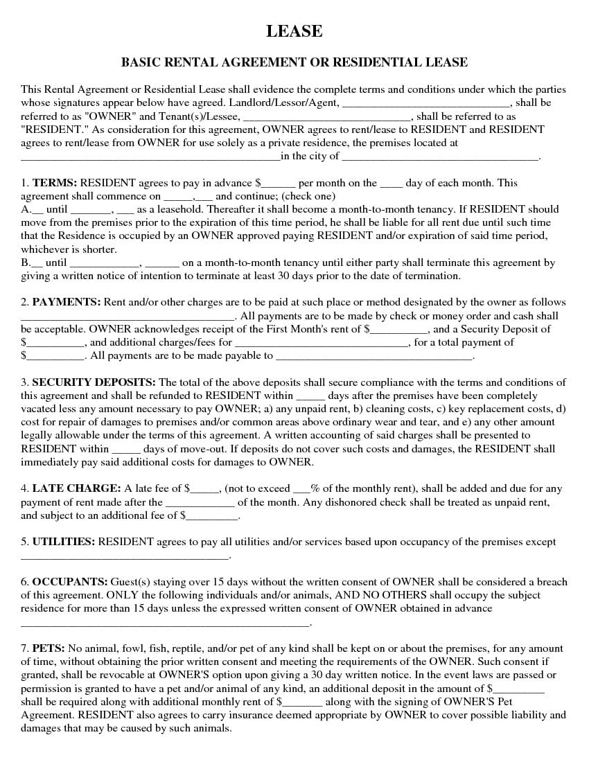 Free Printable Residential Lease Agreement Template Sfiveband