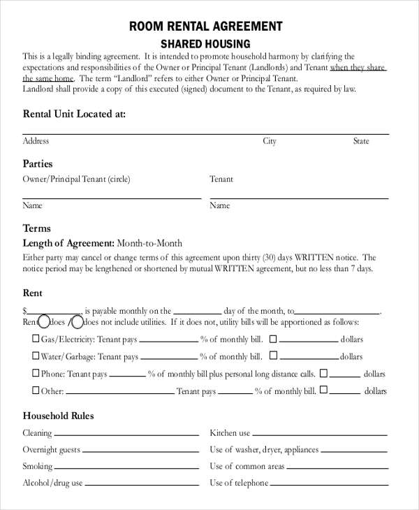 Free Printable Room Rental Agreement Template Printable Templates