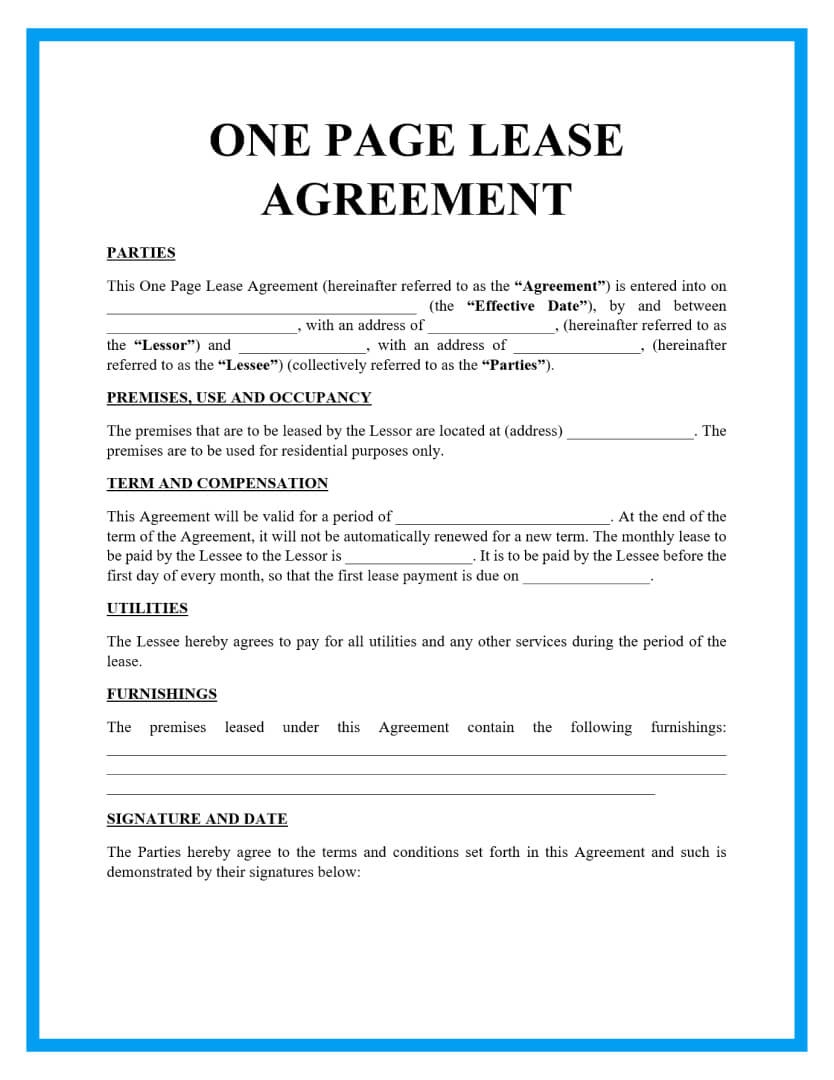 Free Printable Simple One Page Lease Agreement PRINTABLE TEMPLATES 