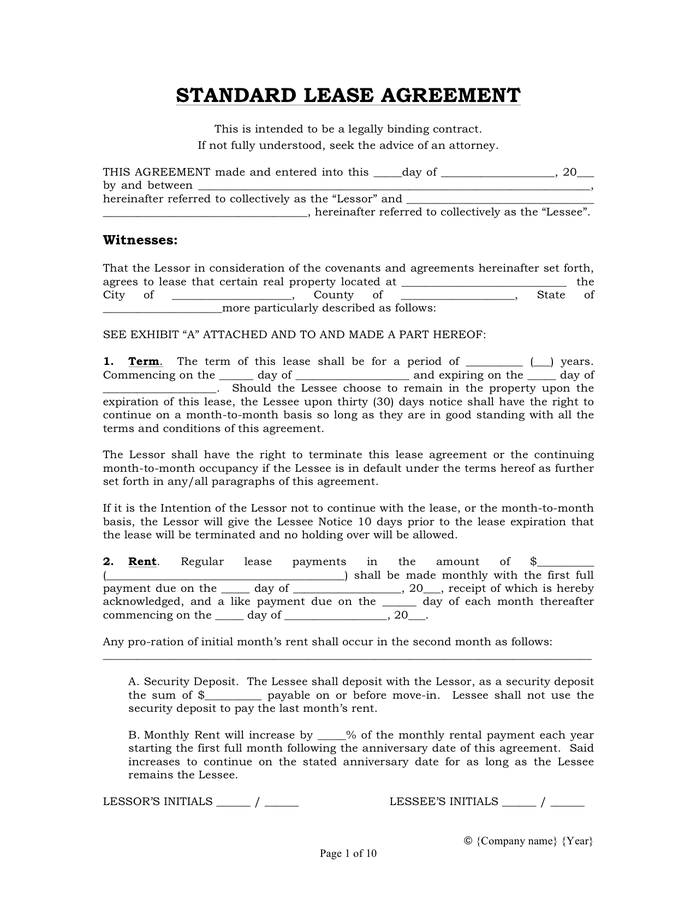 Free Printable Standard Lease Agreement Silkpassa