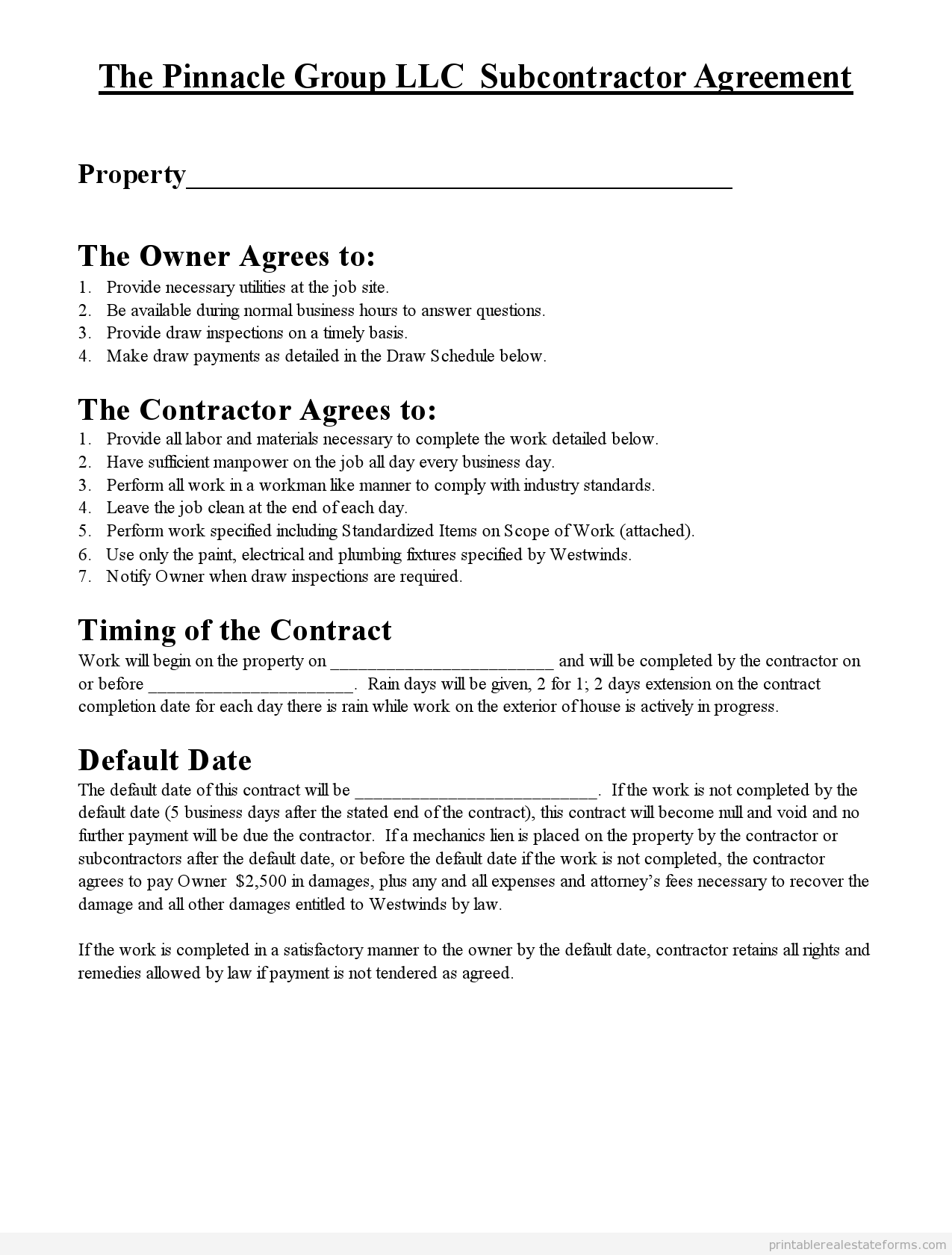 Free Printable Subcontractor Agreement Form WORD 