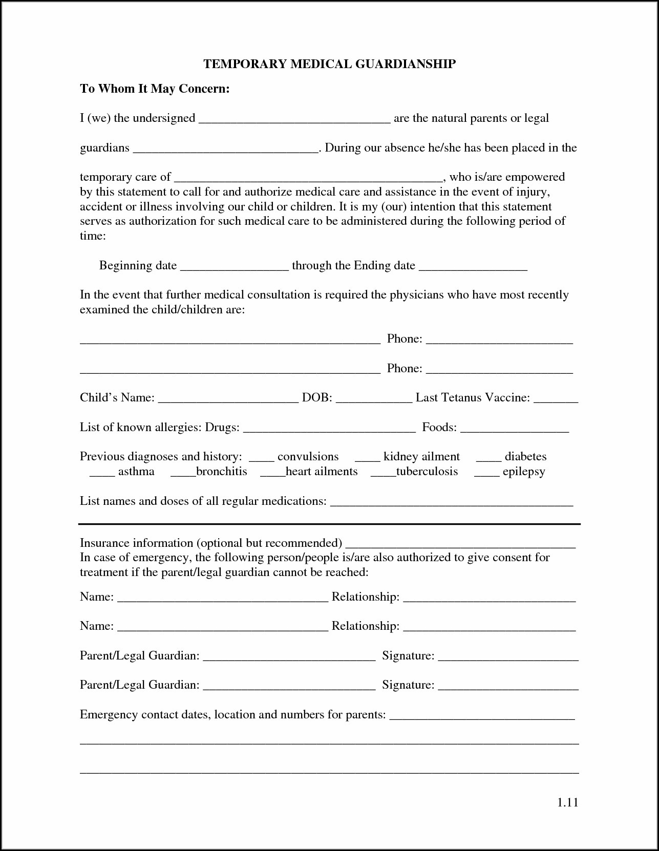 Free Printable Temporary Guardianship Form Free Printable