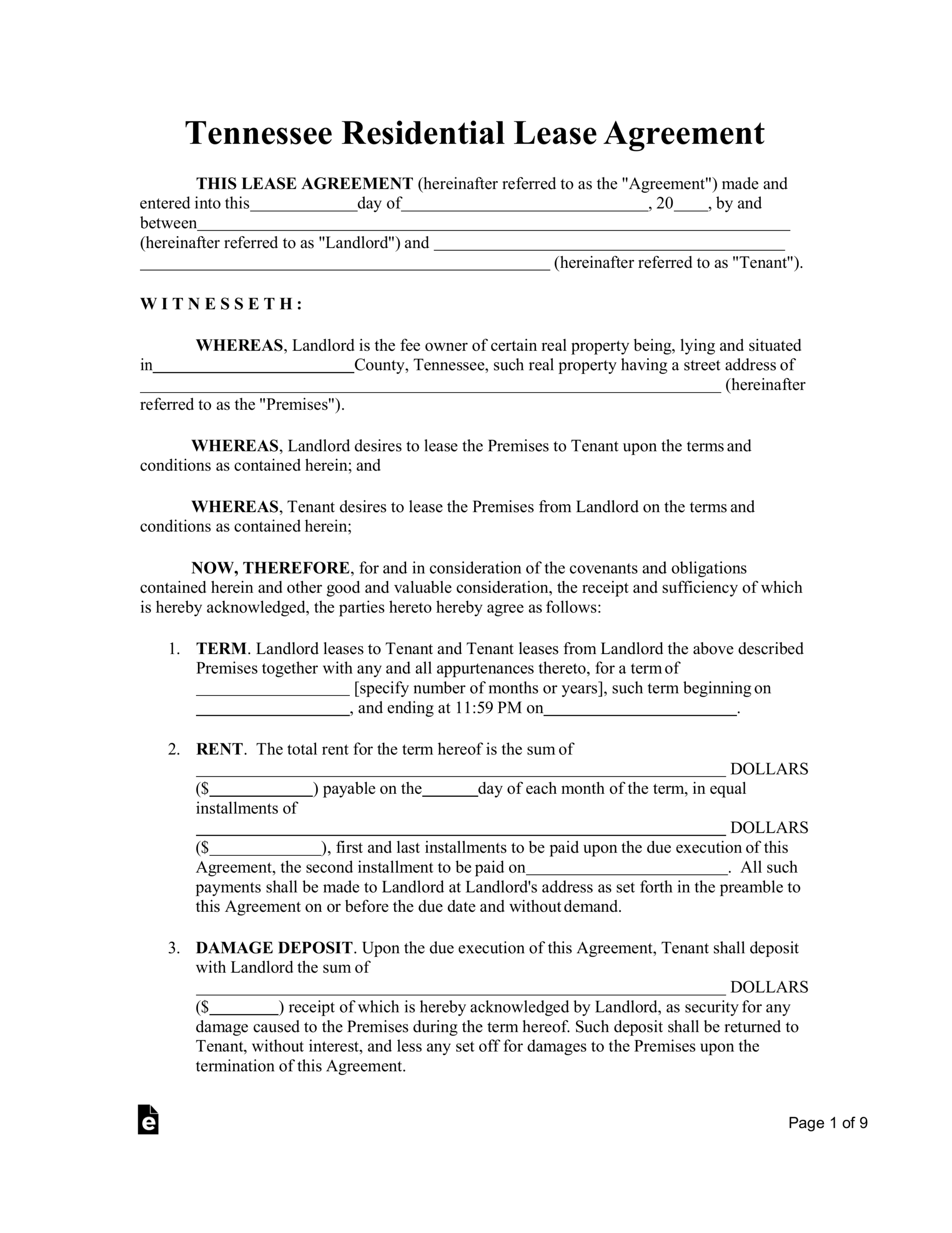 FREE Printable Tennessee Lease Agreement Printable Lease Agreement
