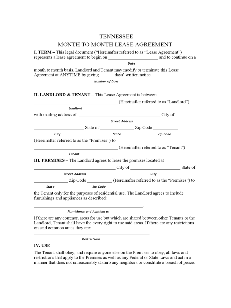 FREE Printable Tennessee Lease Agreement Printable Lease Agreement
