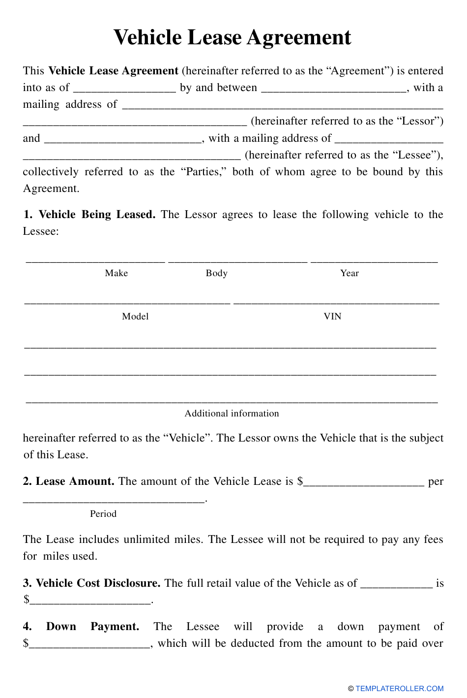 FREE Printable Vehicle Lease Agreement Printable Lease Agreement