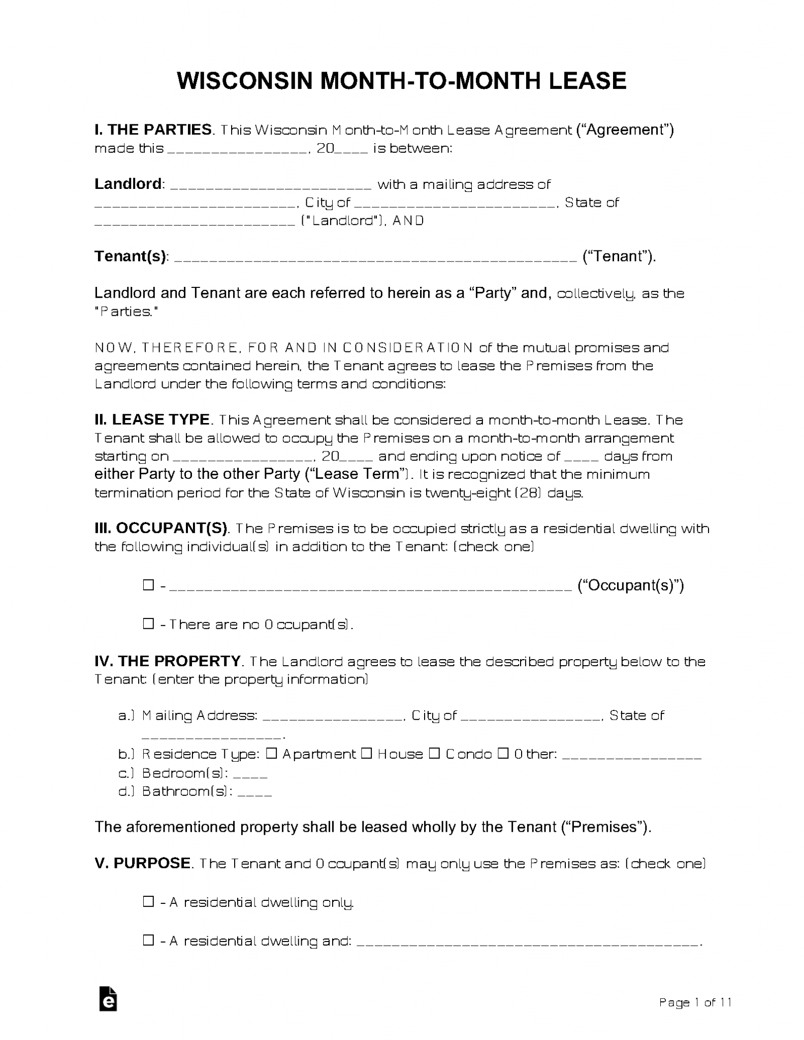 Free Wisconsin Month to Month Lease Agreement Template PDF Word 