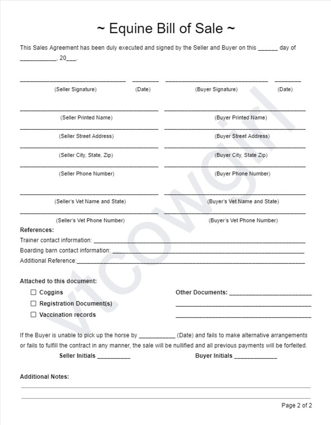 Horse Purchase Agreement Etsy