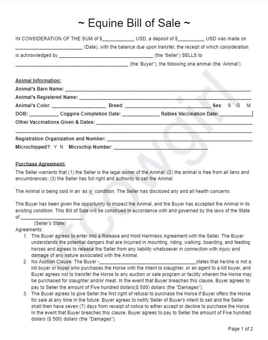 Horse Purchase Agreement Etsy