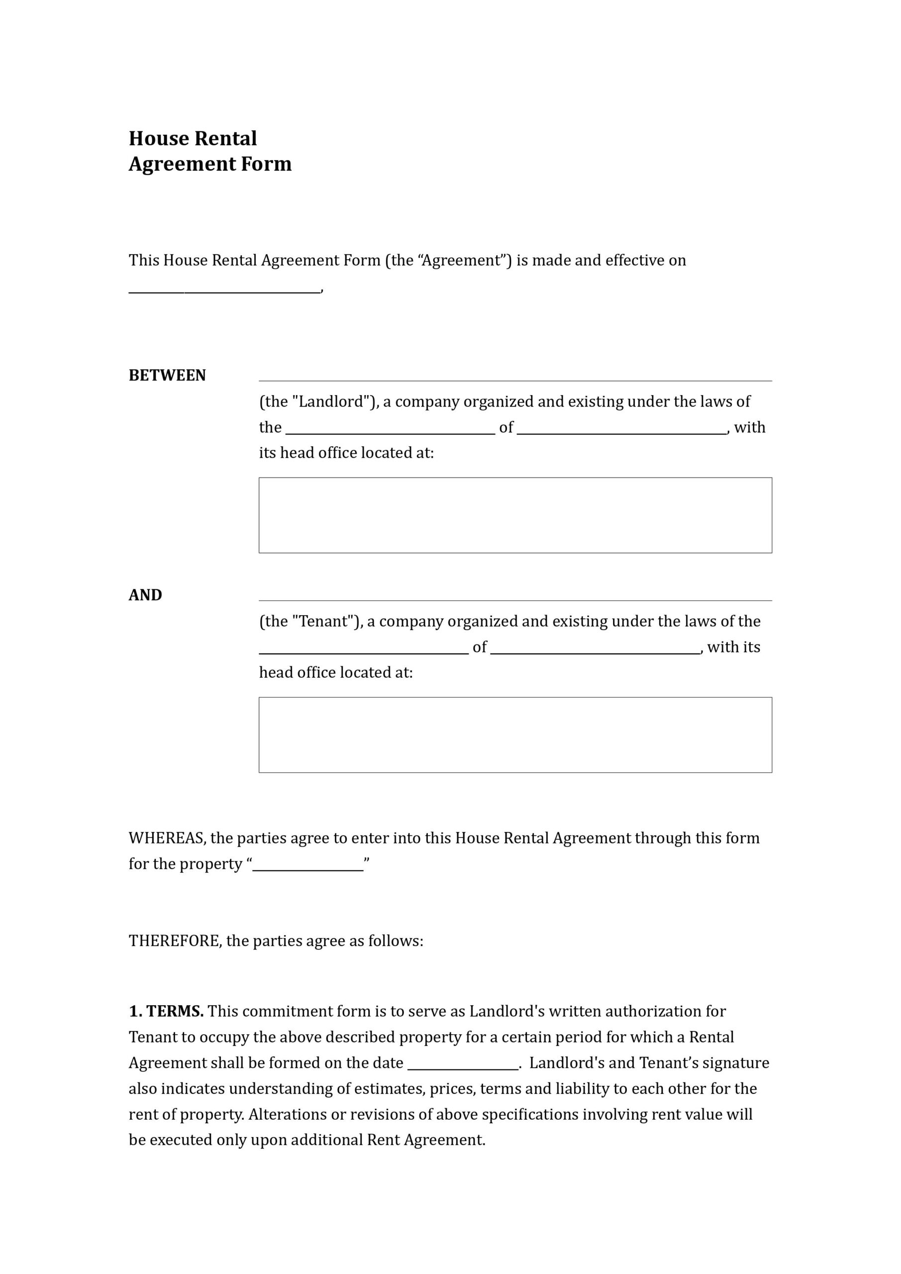 House Rental Agreement Form Template Free To Use