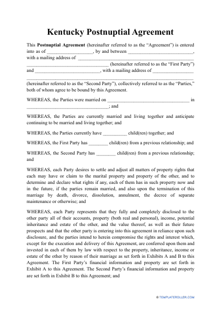 Kentucky Postnuptial Agreement Template Download Printable PDF 