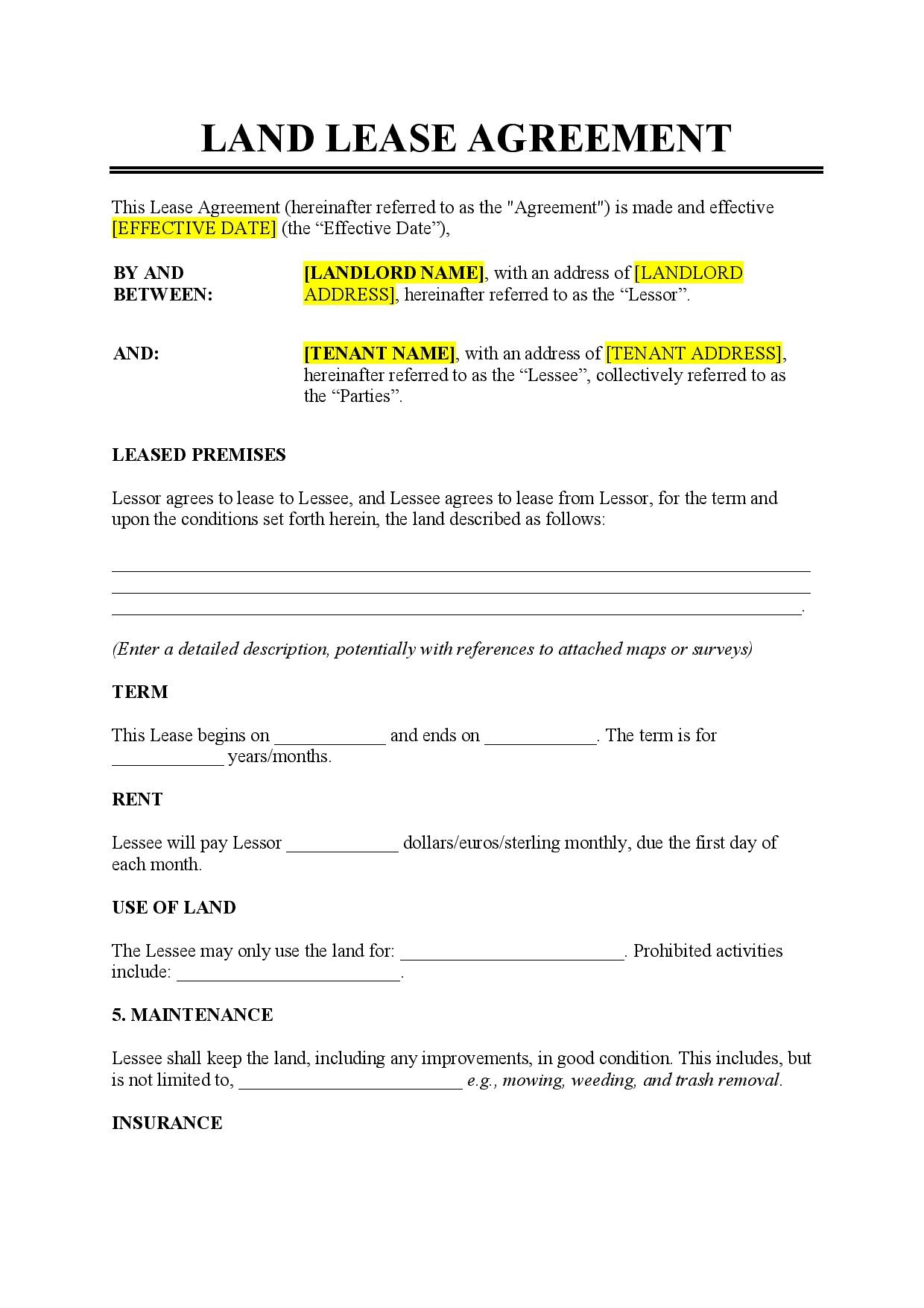 Land Lease Agreement Template Free Download Easy Legal Docs 
