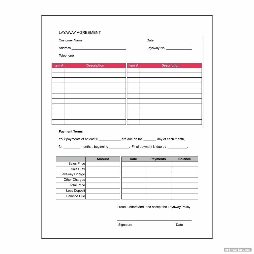 Layaway Agreement Form Printable Gridgit