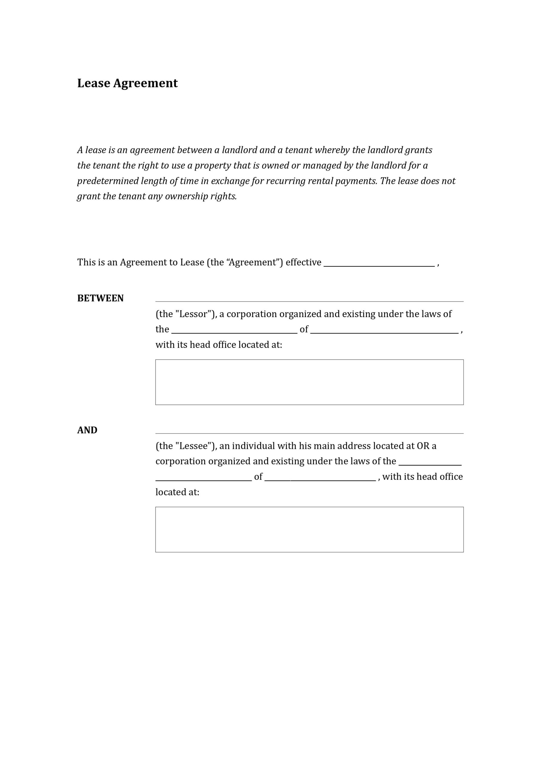 Lease Agreement Form Template