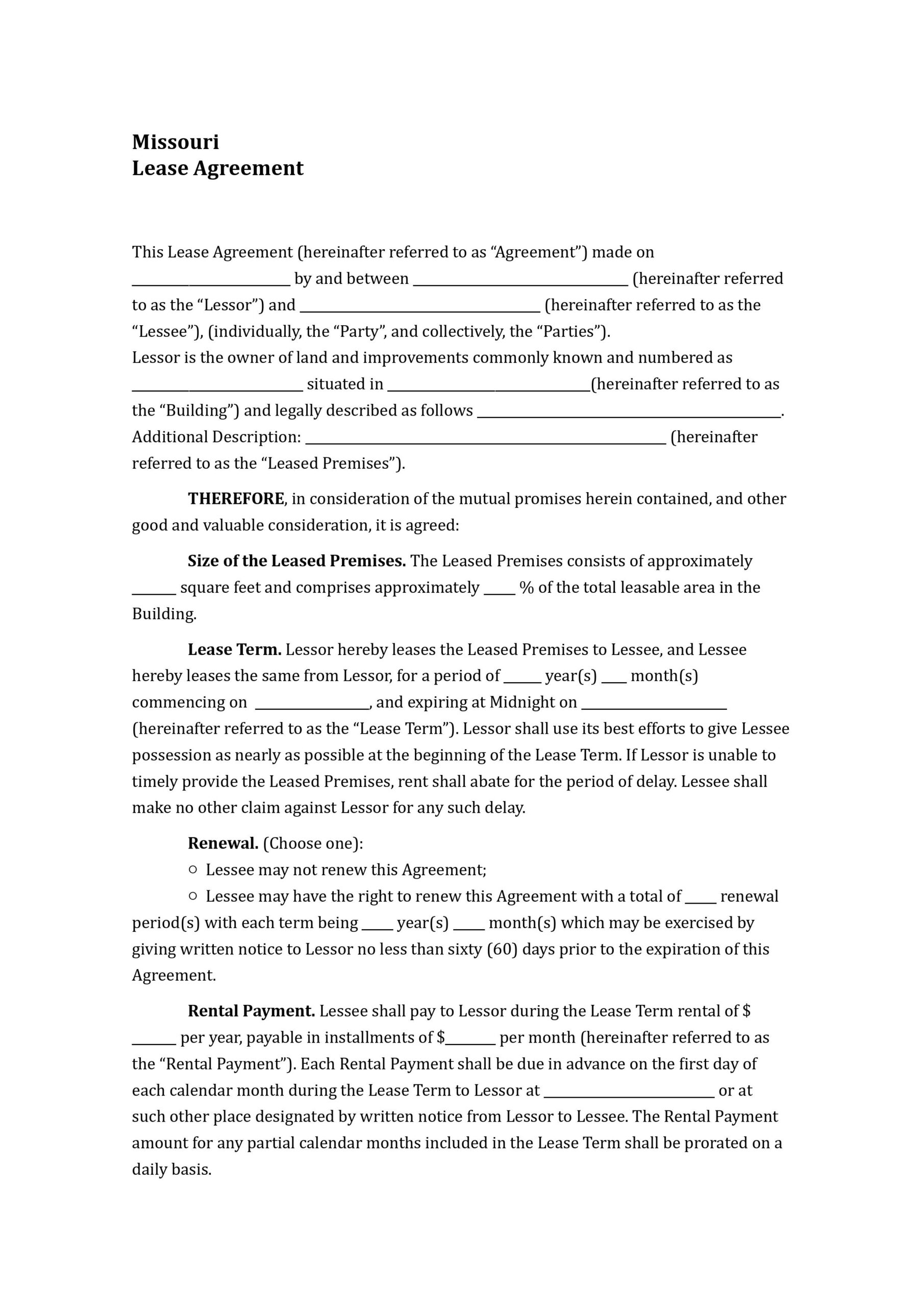 Lease Agreement Template Missouri