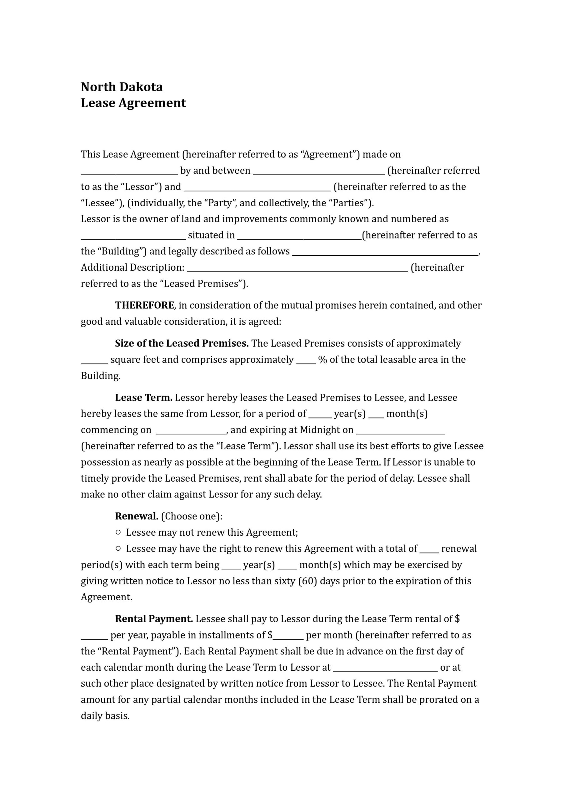 Lease Agreement Template North Dakota