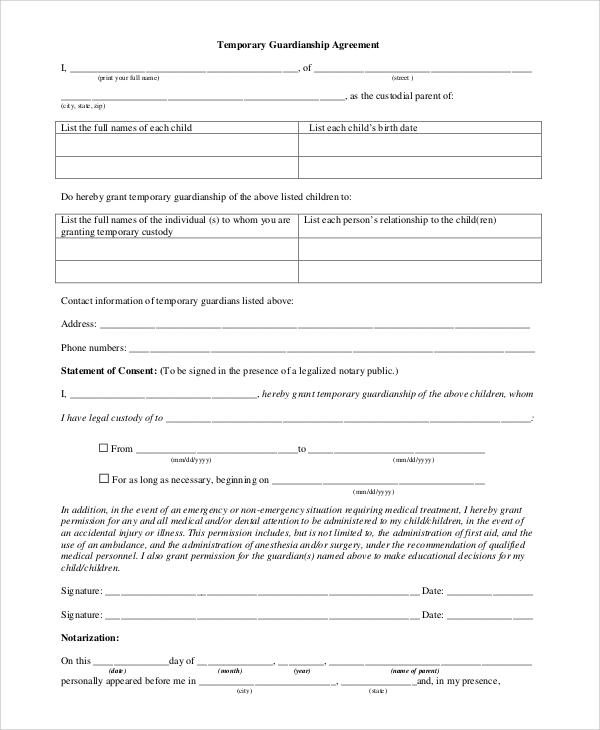 Legal Guardianship Printable Temporary Guardianship Form