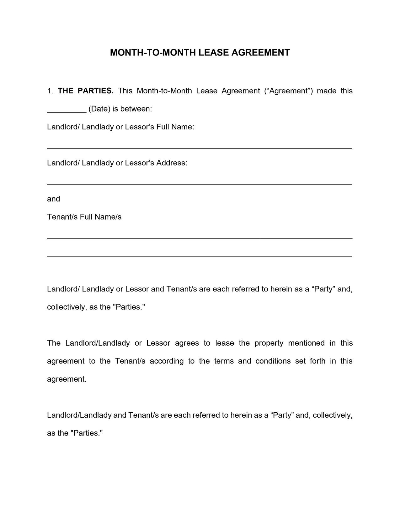 Massachusetts Month to Month Lease Agreement Template