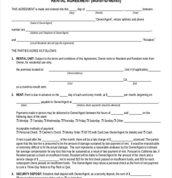 Month To Month Free Printable Rental Agreement Template Printable
