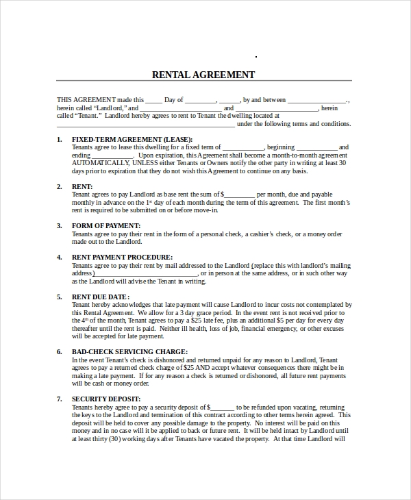 Month To Month Free Printable Rental Agreement Template