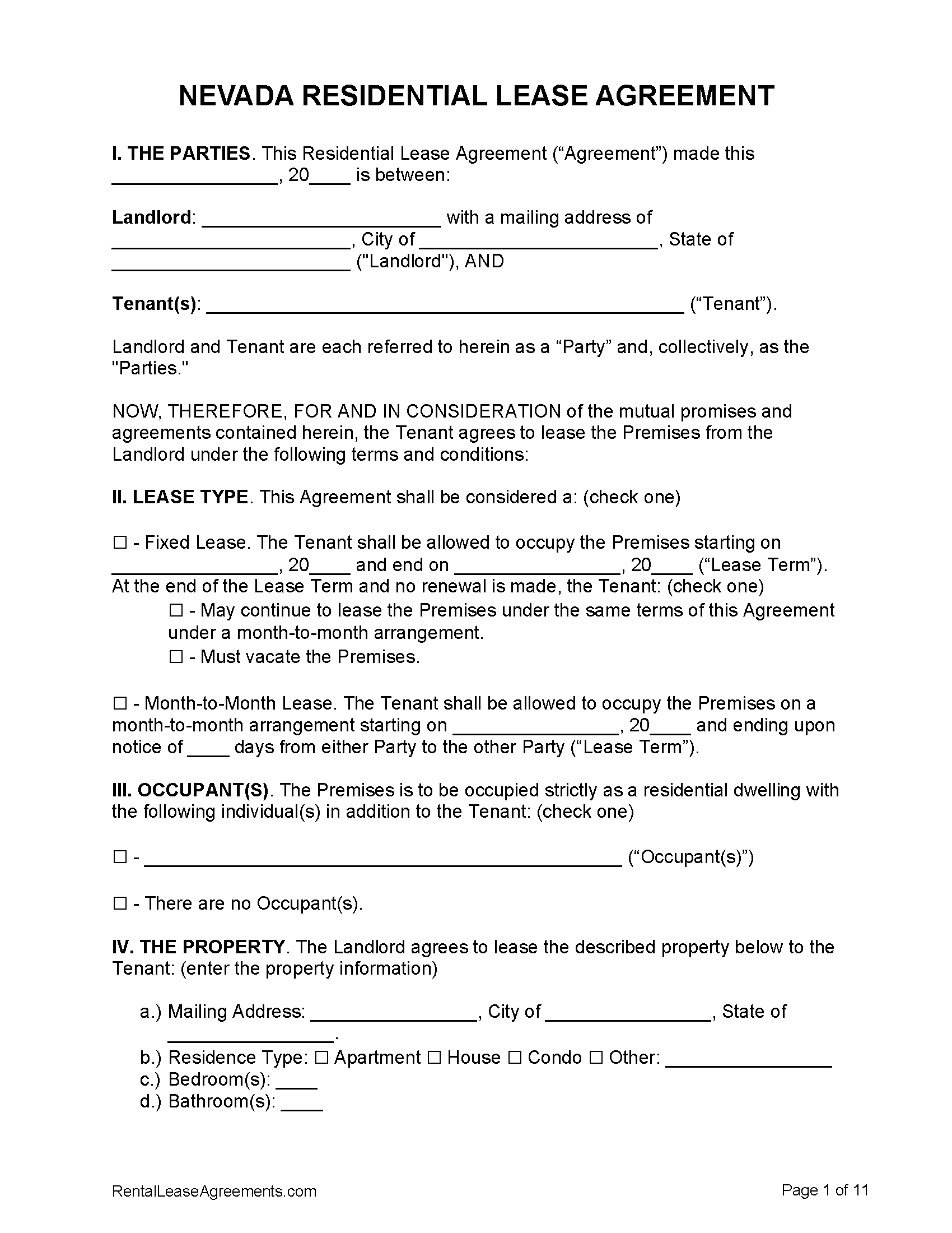 Nevada Residential Lease Agreement PDF MS Word Free Printable 