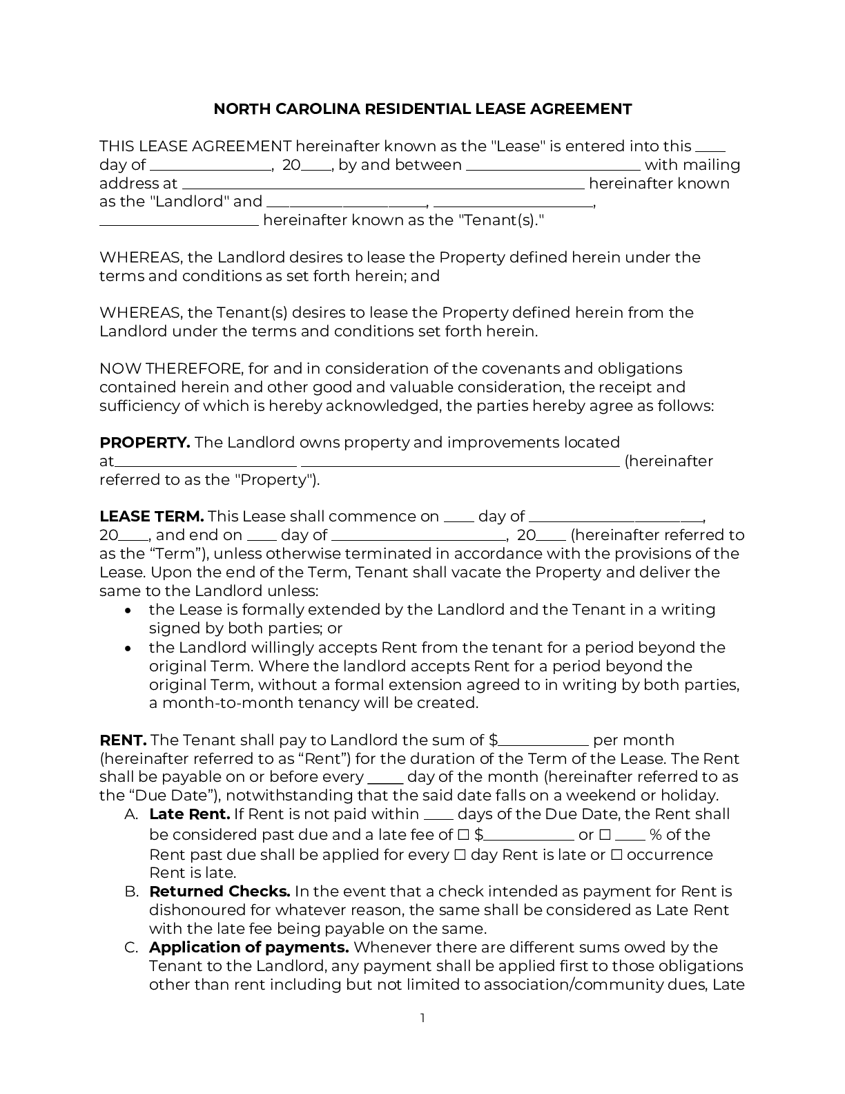 North Carolina Rental Lease Agreement Template 2024 PDF DOC