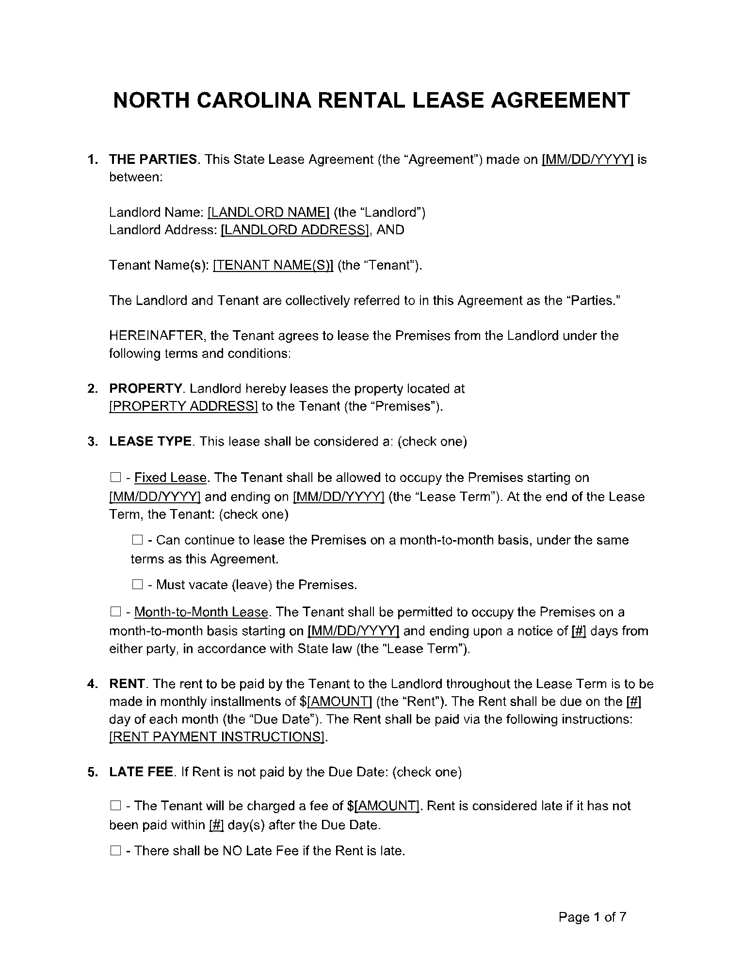 North Carolina Residential Lease Agreement 1