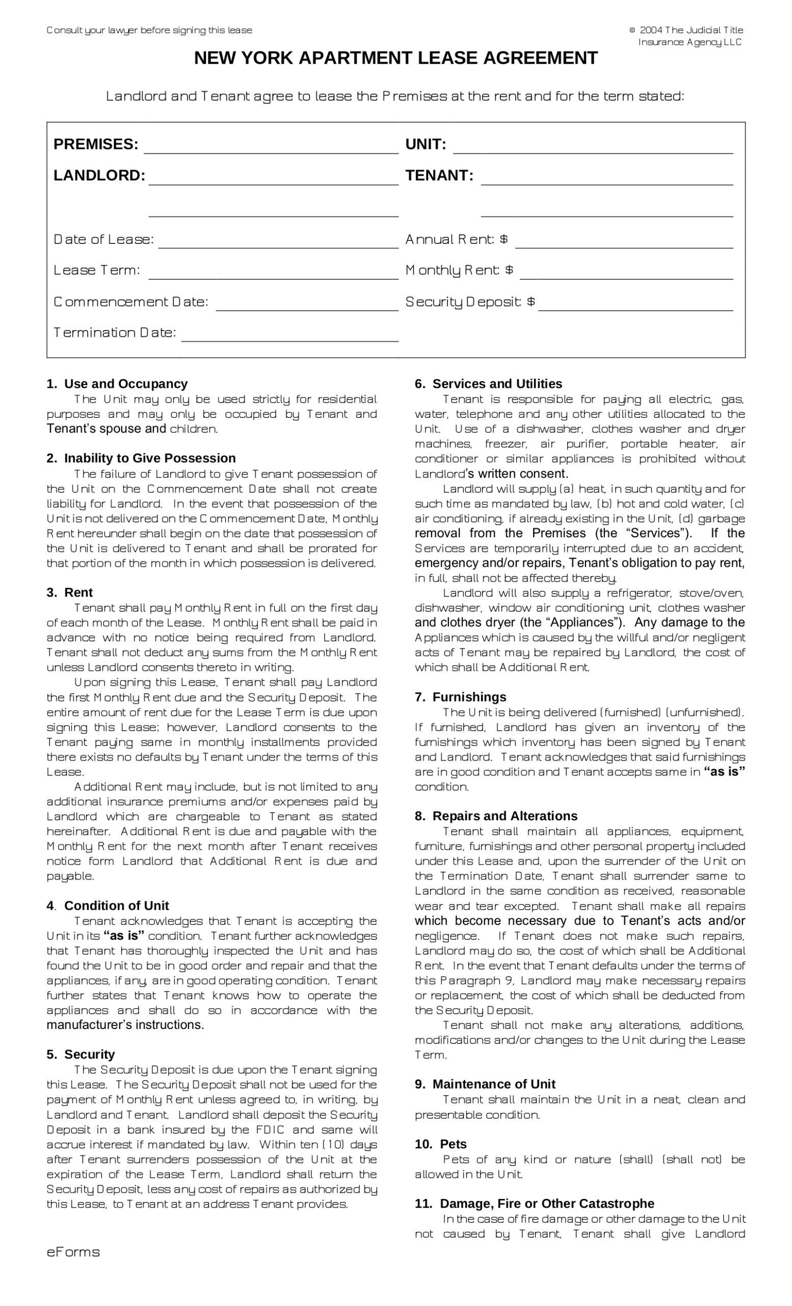 Nyc Apartment Lease Agreement Free Printable The New York Rental Lease 
