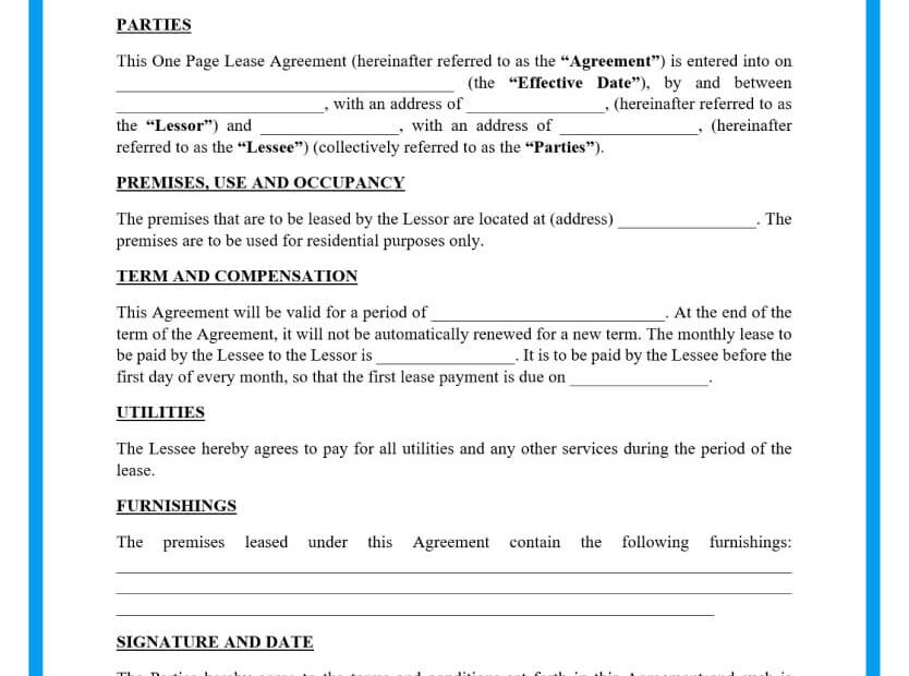 One Page Lease Agreement Printable Printable Lease Agreement