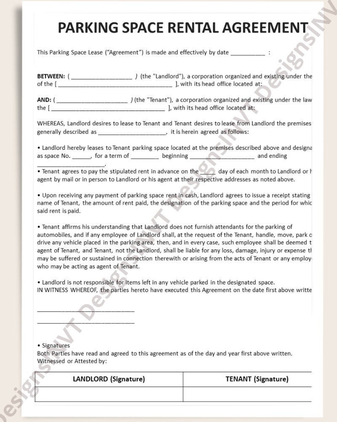 Parking Space Rental Agreement Parking Space Rental Form Parking 