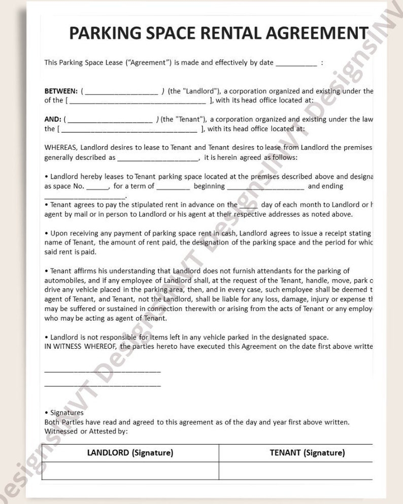 Parking Space Rental Agreement Parking Space Rental Form Parking 