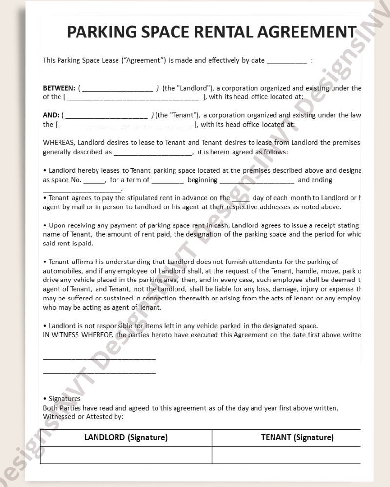 Parking Space Rental Agreement Parking Space Rental Form Parking 