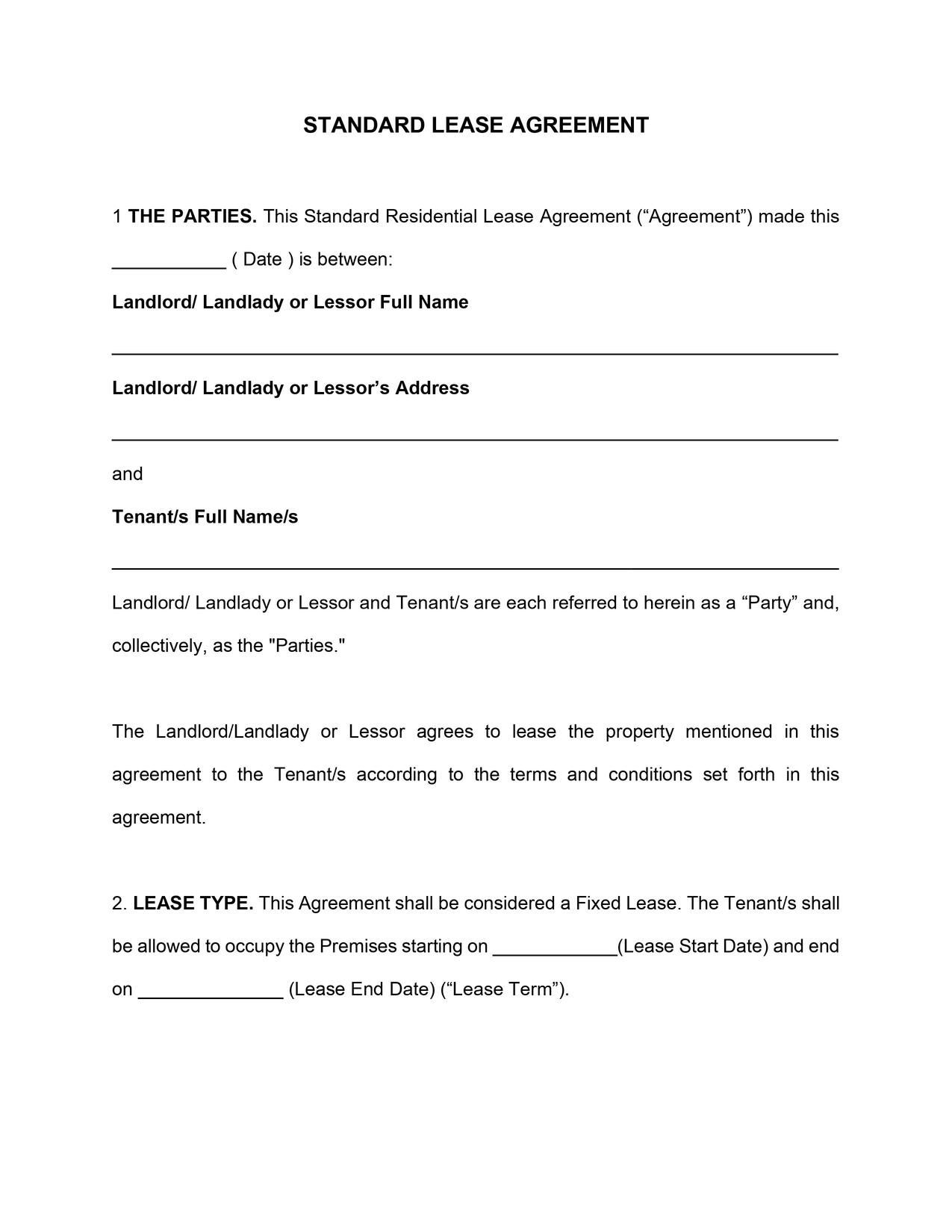 Pennsylvania Standard Lease Agreement Template