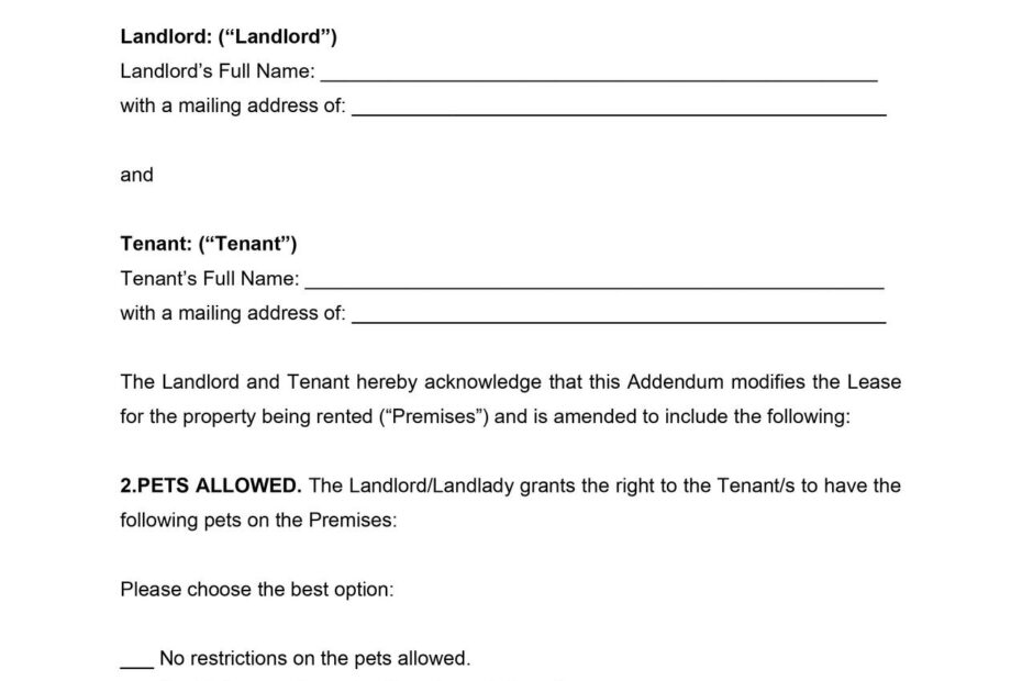 Pet Addendum To A Lease Agreement Template