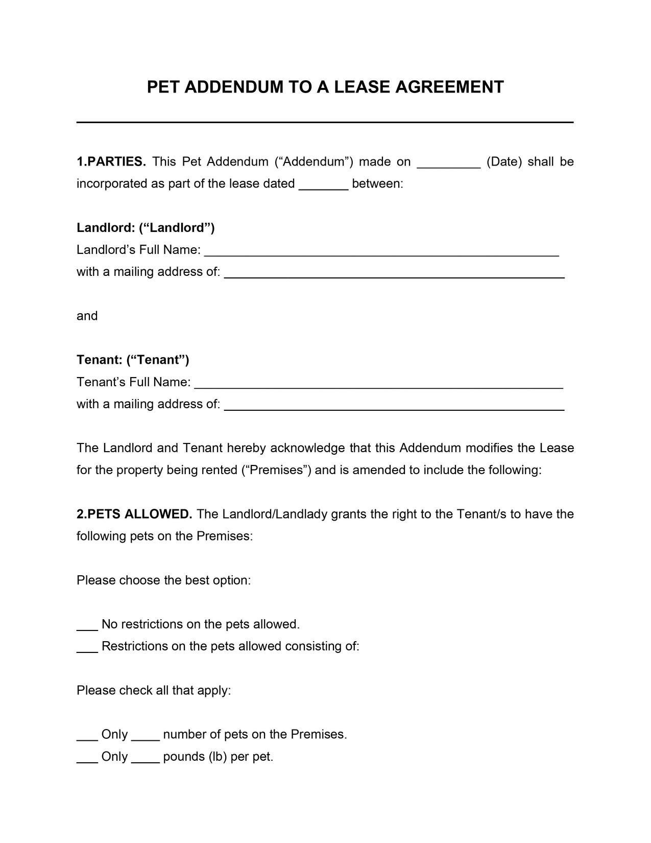 Pet Addendum To A Lease Agreement Template
