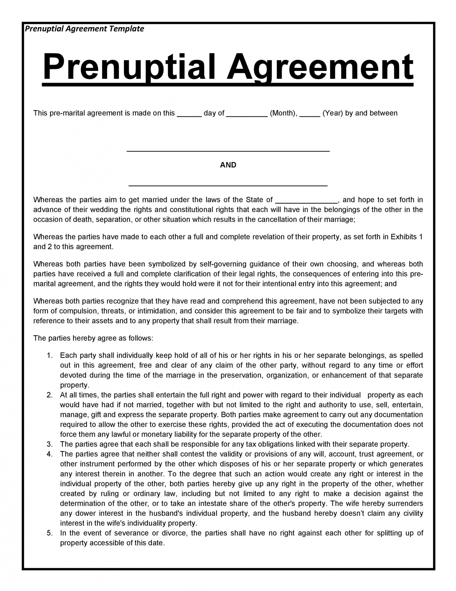Printable 30 Prenuptial Agreement Samples Forms Templatelab 