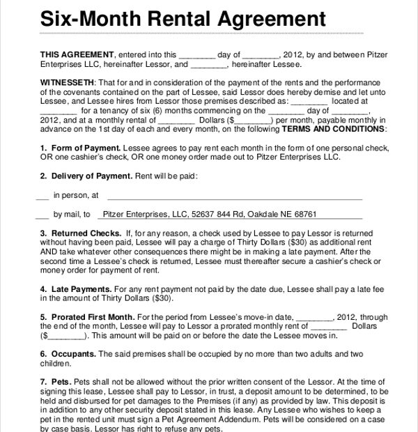 Printable 6 Month Lease Agreement Printable Lease Agreement