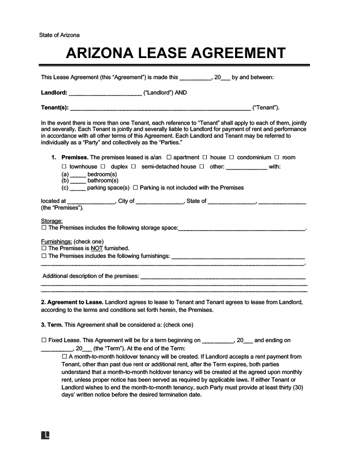 Printable Arizona Residential Lease Agreement Printable Lease Agreement