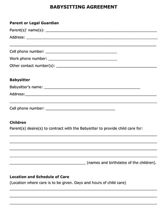 Printable Babysitter Agreement Form Printable Word Searches