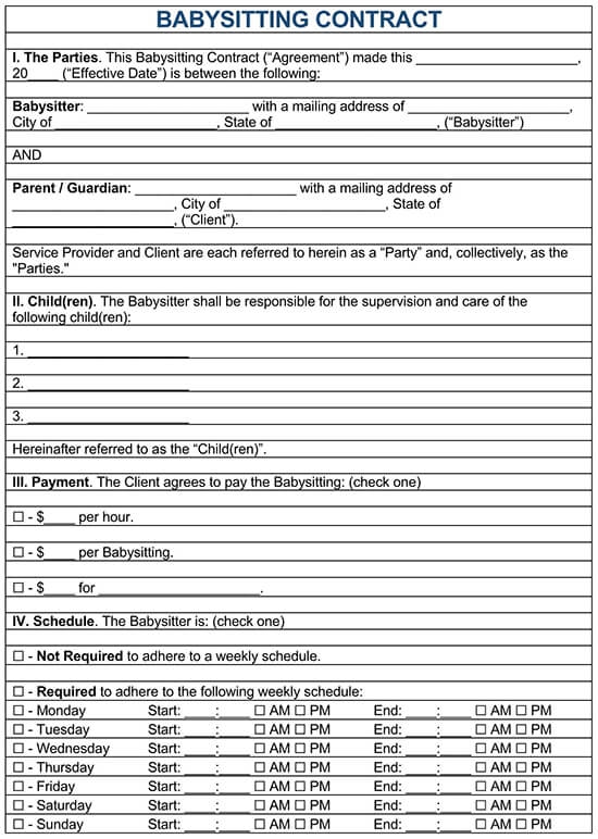 Printable Babysitter Agreement Form Printable Word Searches