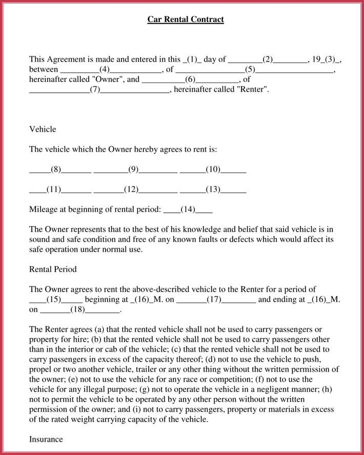 Printable Car Rental Agreement Form Pdf Printable Forms Free Online