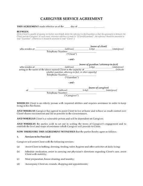 Printable Caregiver Agreement Caregiver Contract Template At 