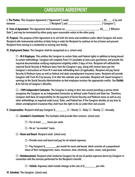 Printable Caregiver Agreement Caregiver Contract Template Free 